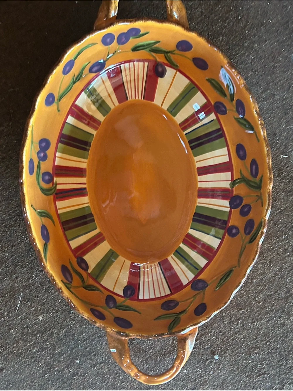 MWW market Orange Serving Bowl with Purple Olive Motif